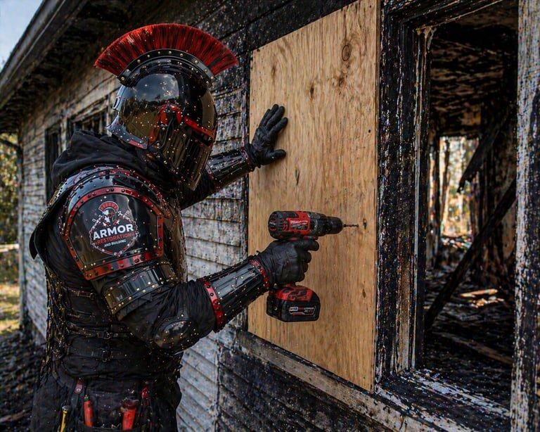 Person in red and black tactical armor and helmet holding a power drill against wooden boarding on a building