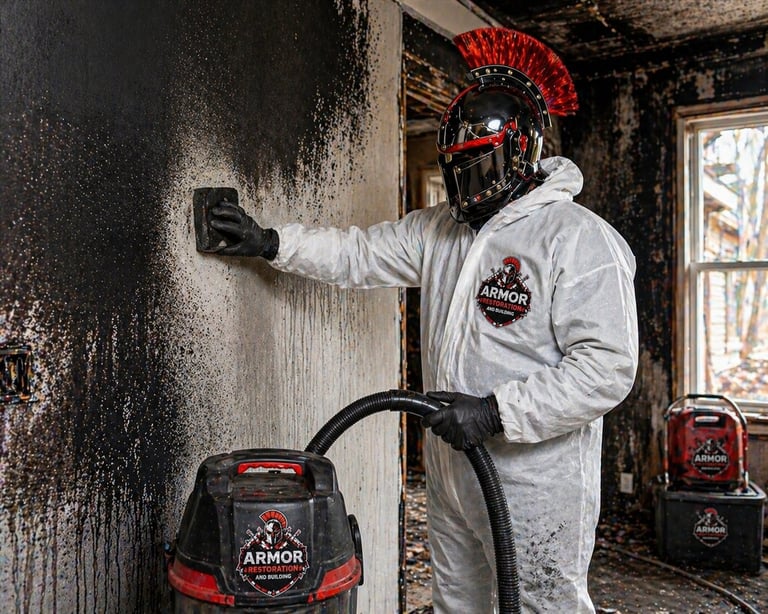 Worker in white protective suit and red respirator spraying mold treatment on wall with ARMOR equipment