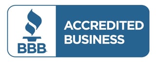 BBB Accredited Business logo with blue torch icon and white text on dark blue background
