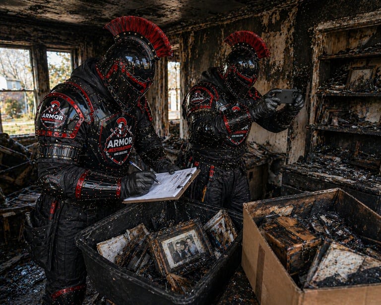 Two SWAT armored officers inspect burned items in a destroyed interior room during emergency response operations