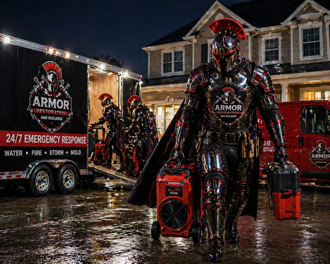 Armored figure in black and red tactical gear stands on wet pavement at night with emergency response vehicles and decorated house in background