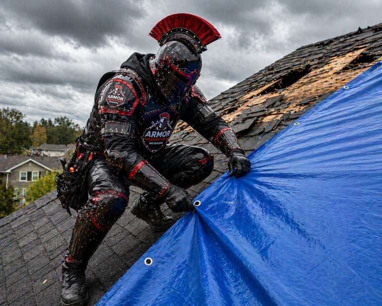 Person in ornate red and black costume with mohawk holding blue tarp on residential rooftop under cloudy sky