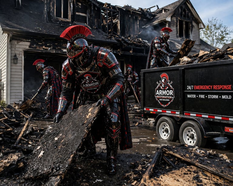 Emergency response team in armor suits clearing debris from a fire-damaged house with a truck labeled Armor