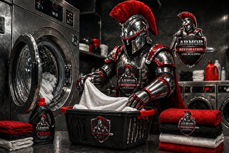 Medieval knights in red and silver armor doing laundry with washing machines and baskets of red towels