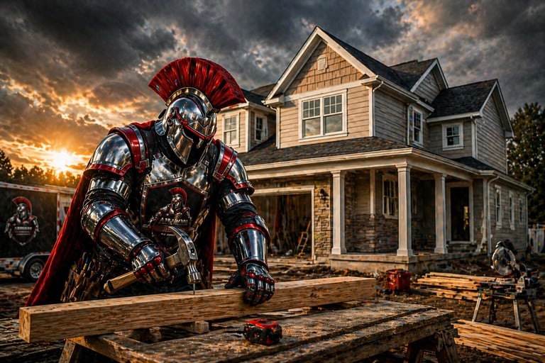 Armored warrior in red cape kneeling on wooden logs in front of suburban house at sunset